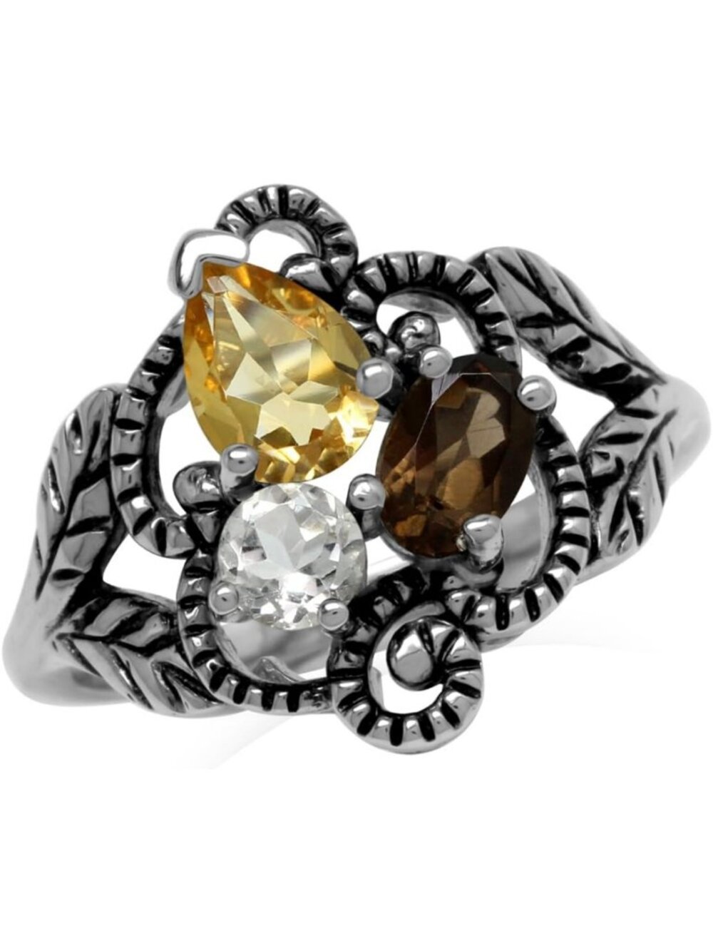 Natural Citrine Smoky Quartz White Topaz Vintage Leaf Ring in 925 Sterling